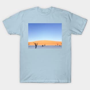 Sossusvlei dunes  landscape at Dead Vlei old trees, orange dunes dead tree and tourist in silhouette on salt pan T-Shirt